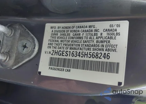 2005 Honda Civic Vp z USA, uszkodzony, nr VIN 2HGES16345H568246